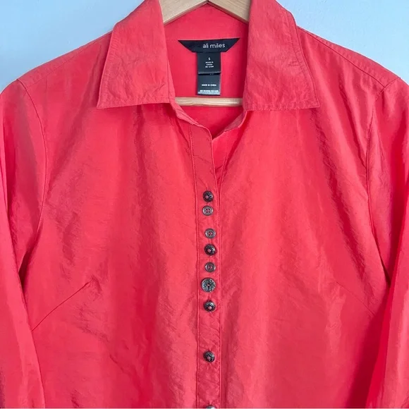 Ali Miles Crinkled Button Front Blouse Bright Coral Pink Collared Women’s Small‎ - Picture 2 of 10